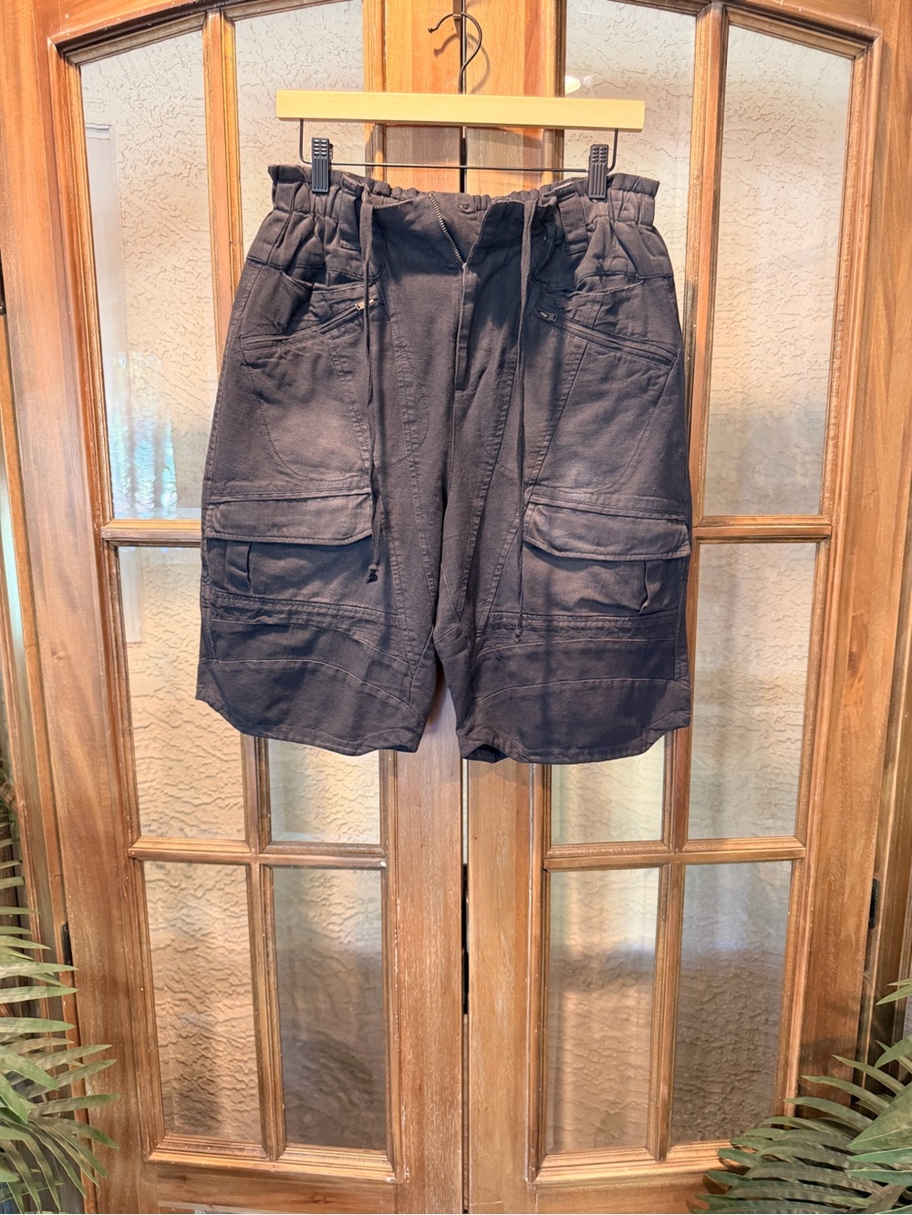 NWT Free People Weathered Charcoal Black Cargo Shorts with Elastic Waist and Tie